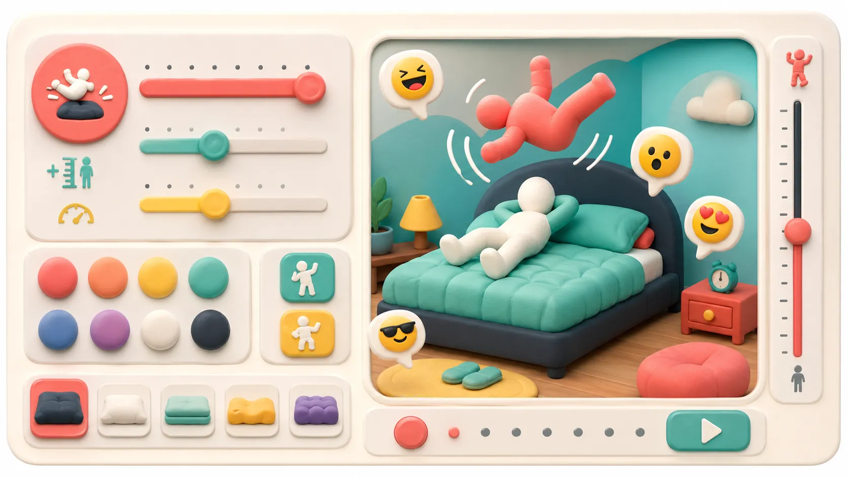 A colorful control panel with sliders and a 3D preview