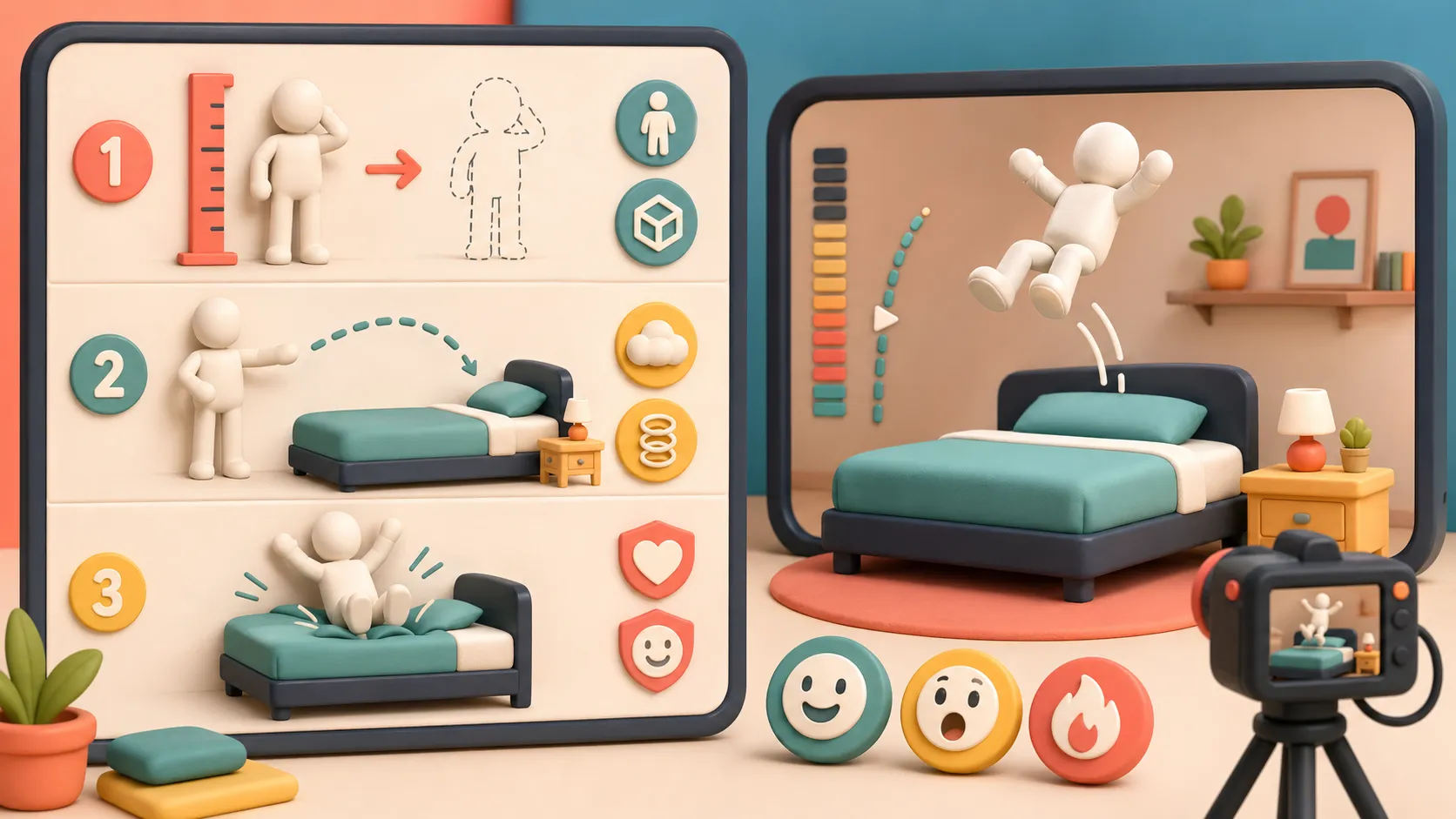 A Bed Slam Simulator guide scene with friendly step markers