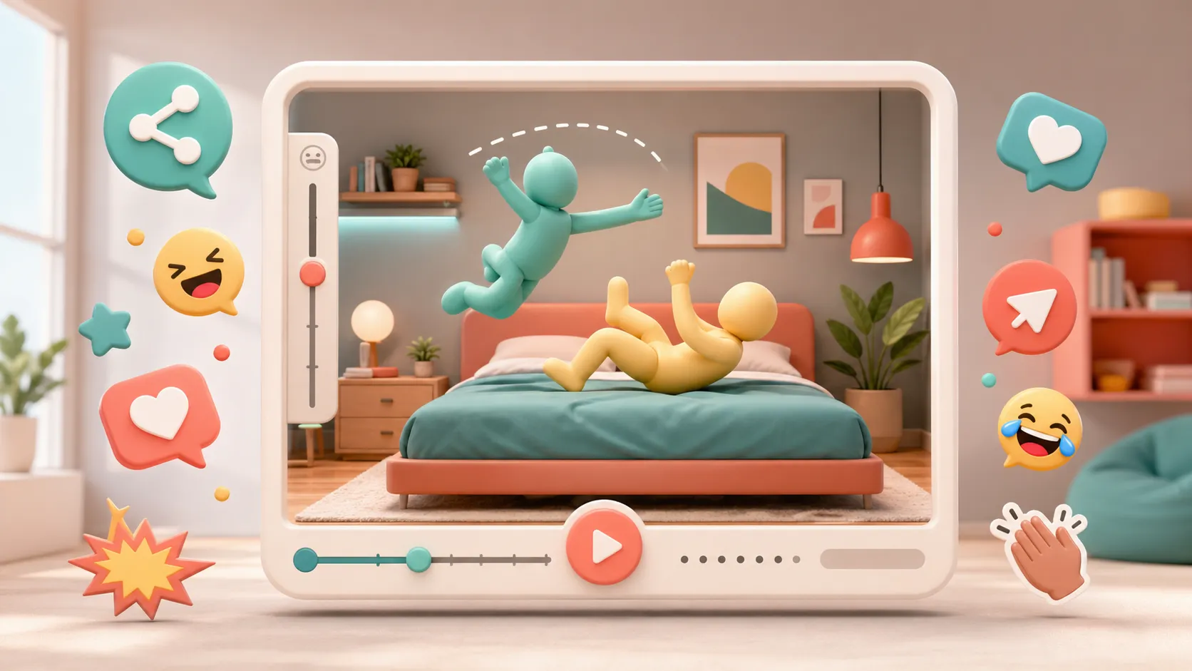 A playful 3D preview with meme reactions and share icons