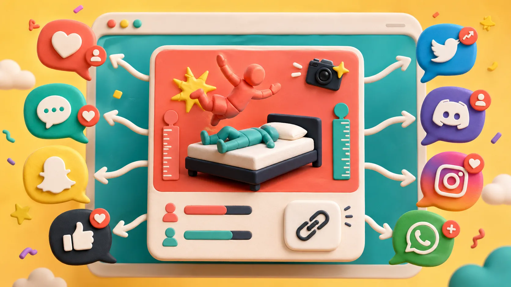 A result card surrounded by social share bubbles