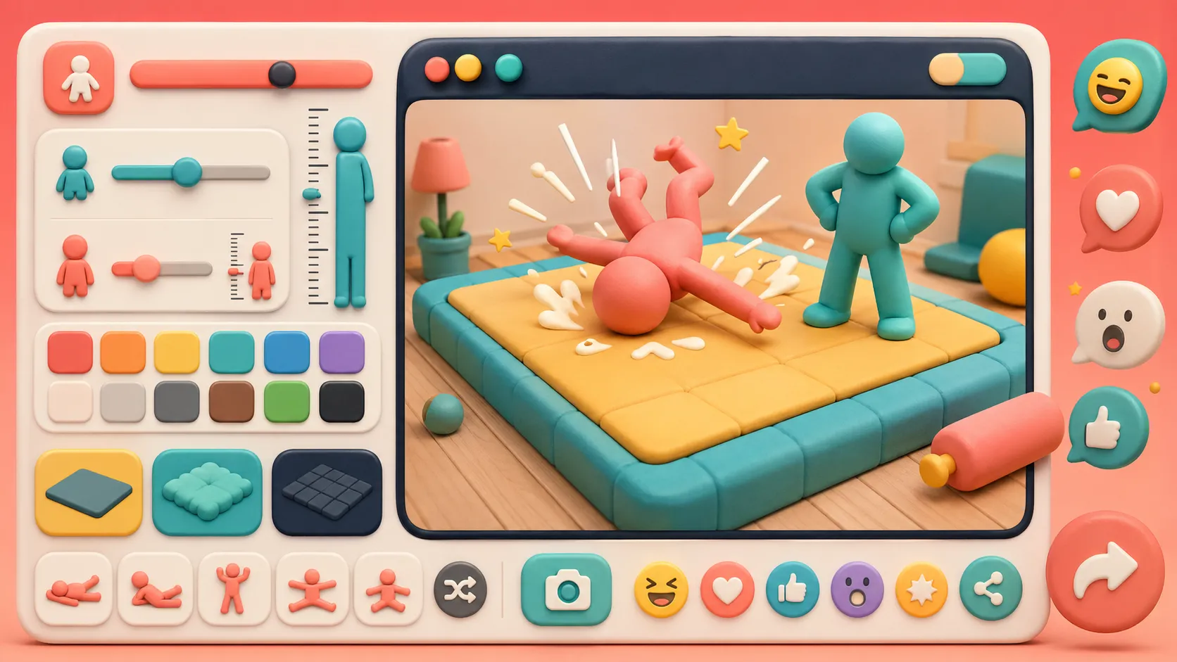 A colorful Floor Slam Simulator control panel with sliders and a 3D preview