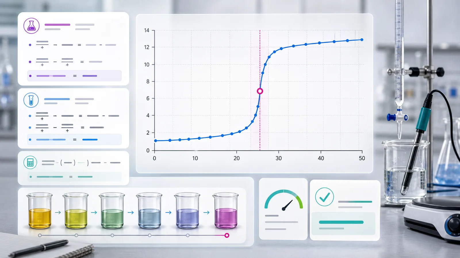 Acid Base Titration Simulator pH curve with equivalence point, indicator sequence, unknown concentration calculation, and conclusion card