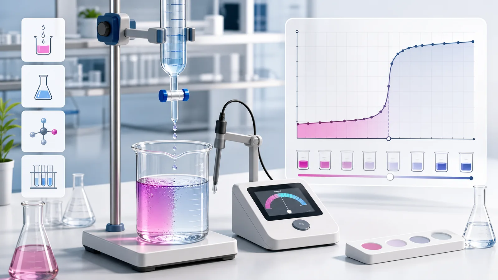 Acid Base Titration Simulator preview showing a burette, beaker color change, pH curve, equivalence point, and concentration calculation