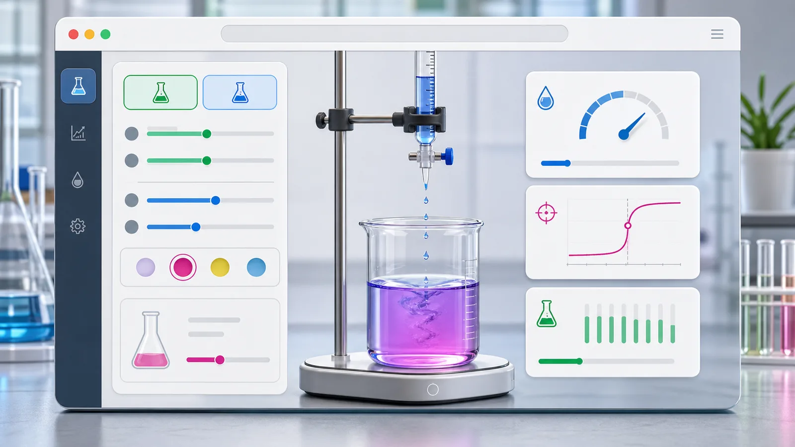 Acid Base Titration Simulator interface with acid and base controls, indicator swatches, beaker color change, pH cards, and titration curve