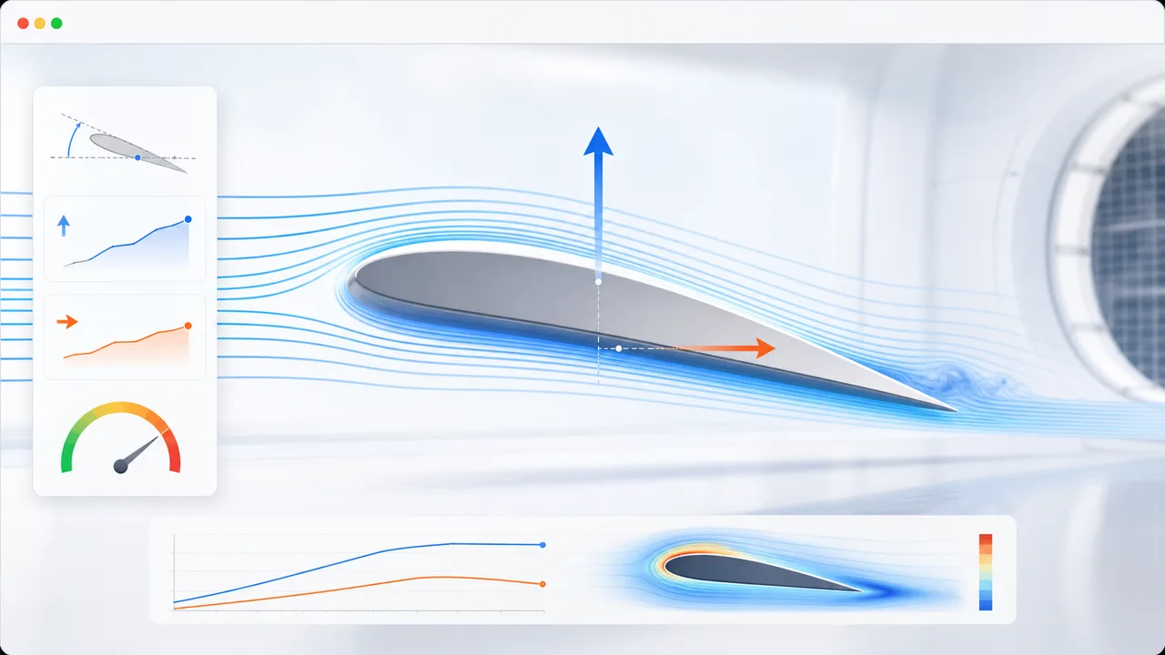 Airfoil Simulator preview showing airflow streamlines, airfoil controls, lift, drag, and stall risk
