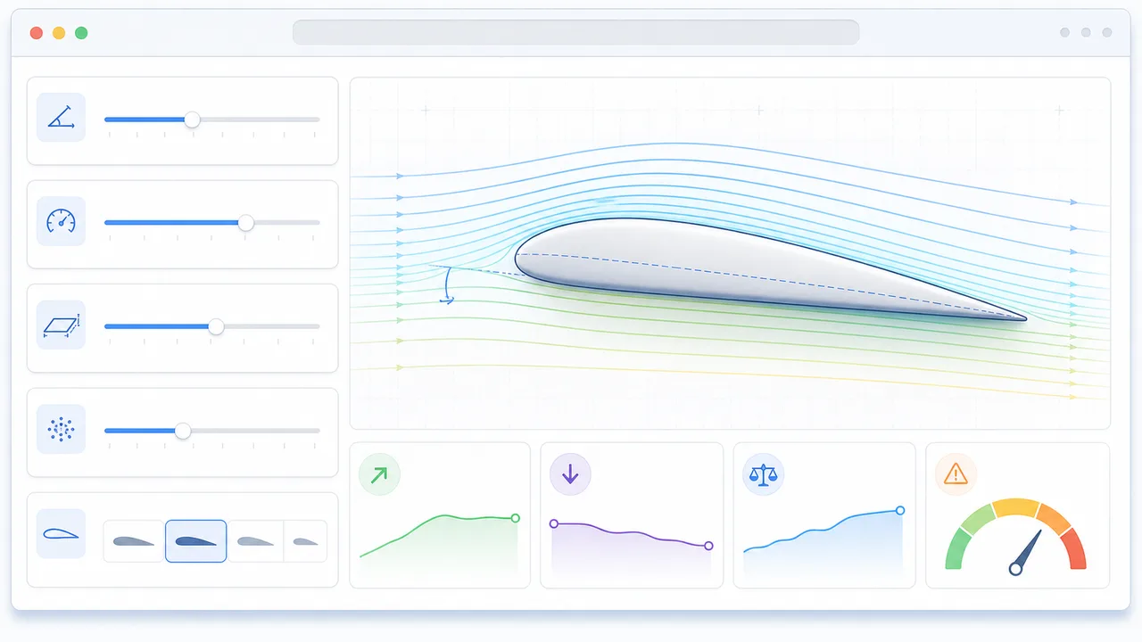 Airfoil Simulator overview showing controls, streamlines, lift, drag, and stall risk