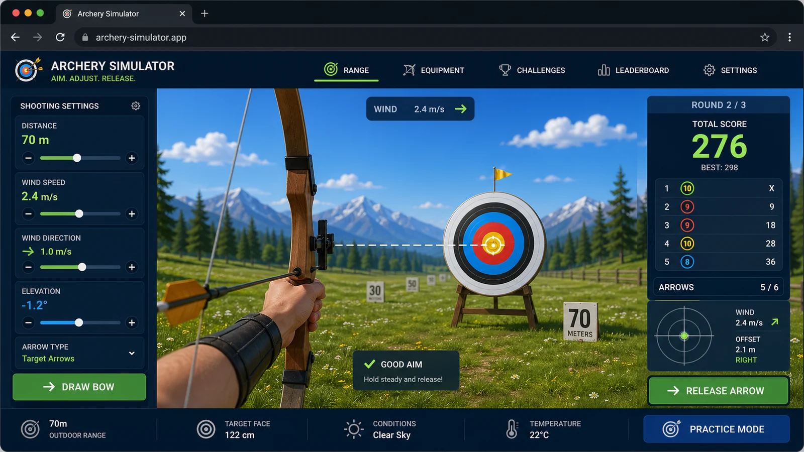 Archery Simulator preview showing the browser simulator interface and result - Archery Simulator Runs in browser