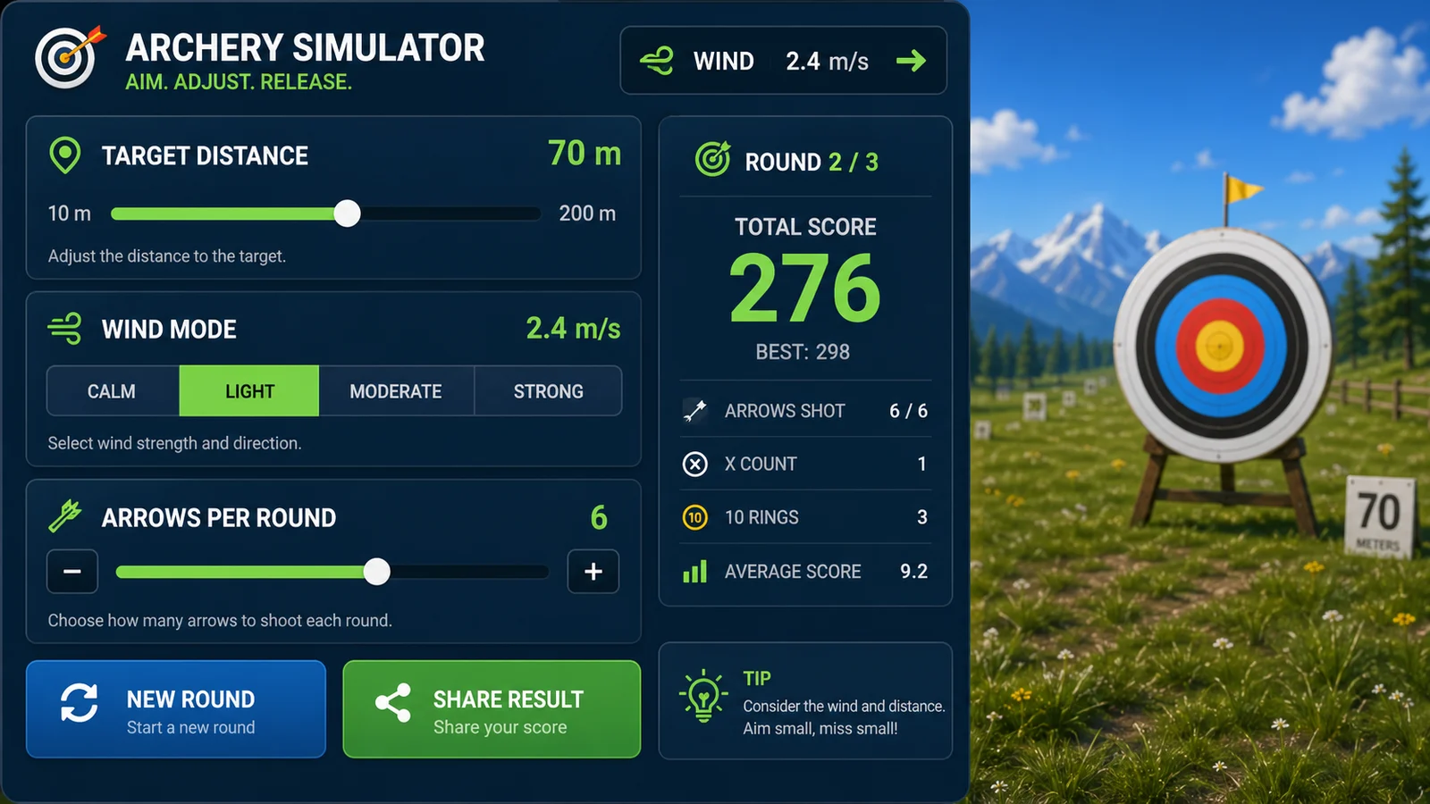 Archery Simulator preview showing the browser simulator interface and result - Adjustable controls
