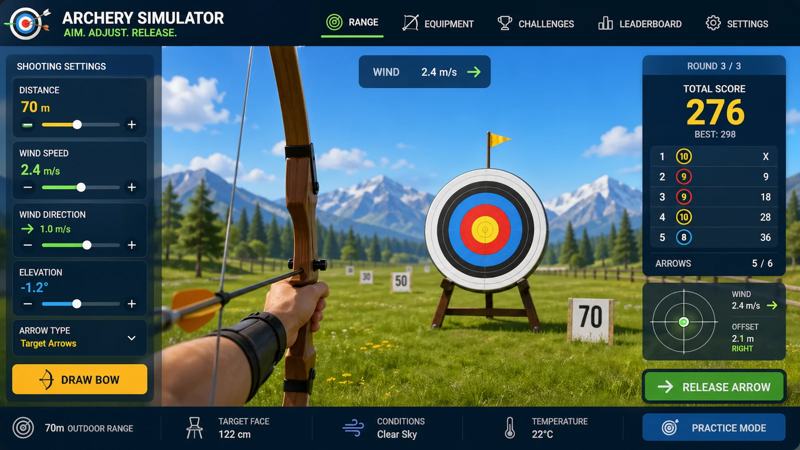 Archery Simulator preview showing the browser simulator interface and result