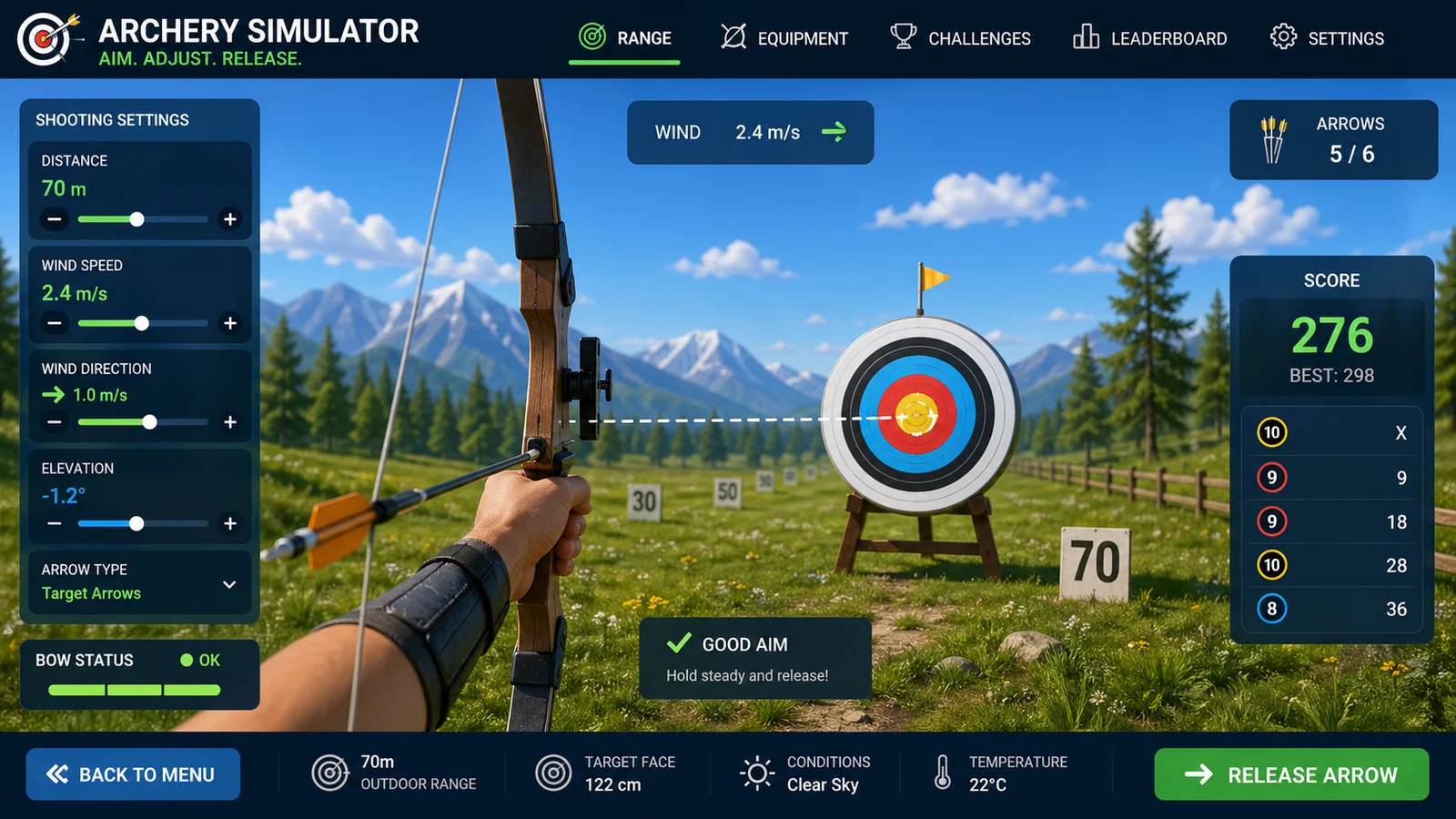 Archery Simulator preview showing the browser simulator interface and result - overview