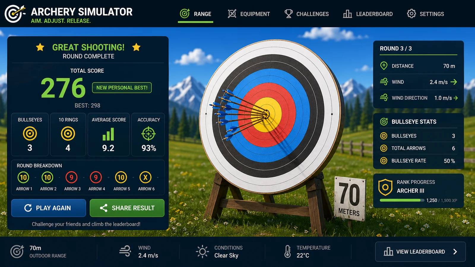 Archery Simulator preview showing the browser simulator interface and result - Result sharing
