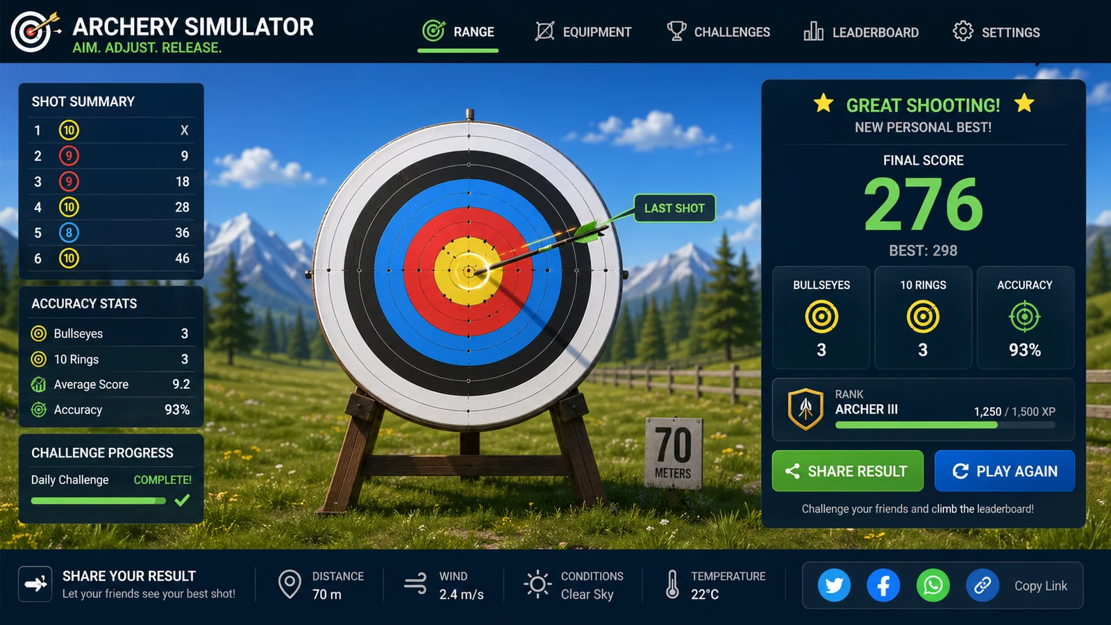 Archery Simulator preview showing the browser simulator interface and result - sharing result