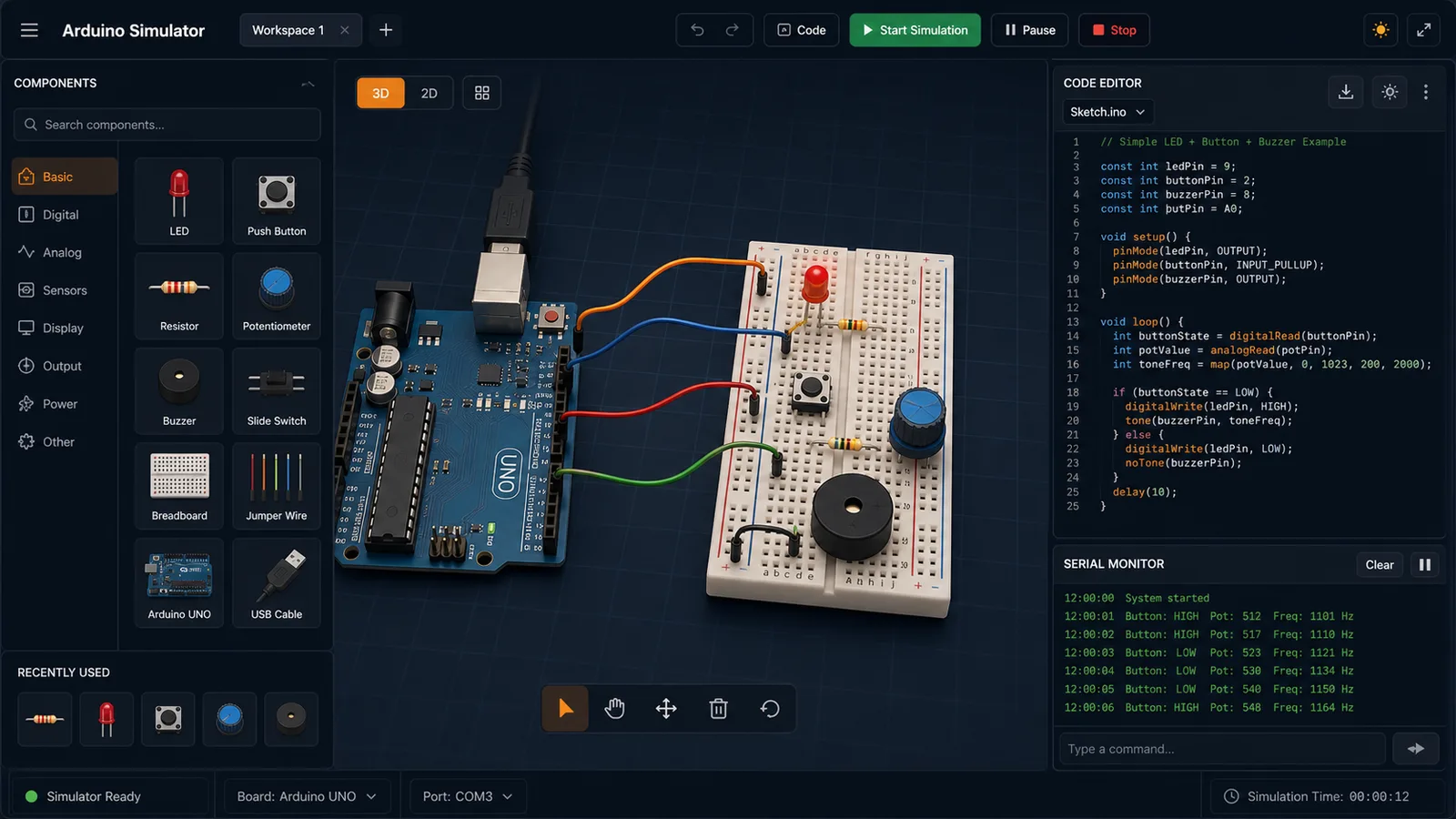 Arduino Simulator preview showing the browser circuit workspace, code panel, and serial monitor