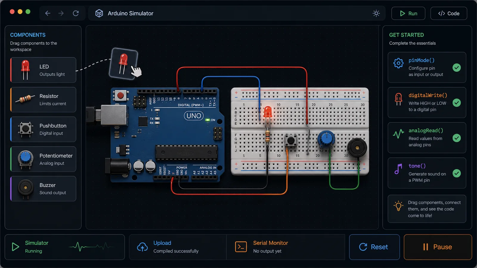 Arduino Simulator drag-and-drop workspace with LED, resistor, button, potentiometer, buzzer, board, and breadboard