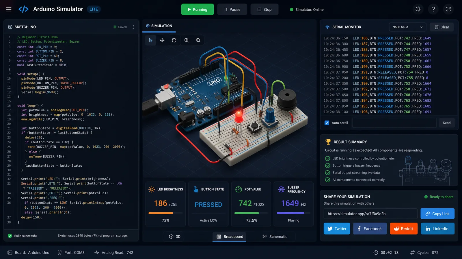 Arduino Simulator result view with code, serial monitor, stats, and social sharing controls