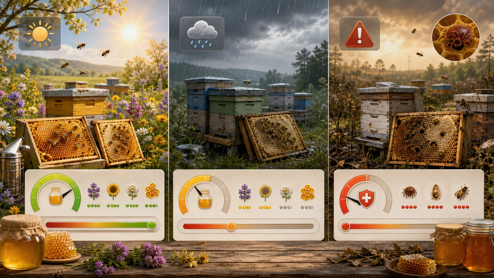 Bee Colony Simulator comparison image showing sunny bloom, rainy weather, pest risk, honey yield gauges, and colony health warnings