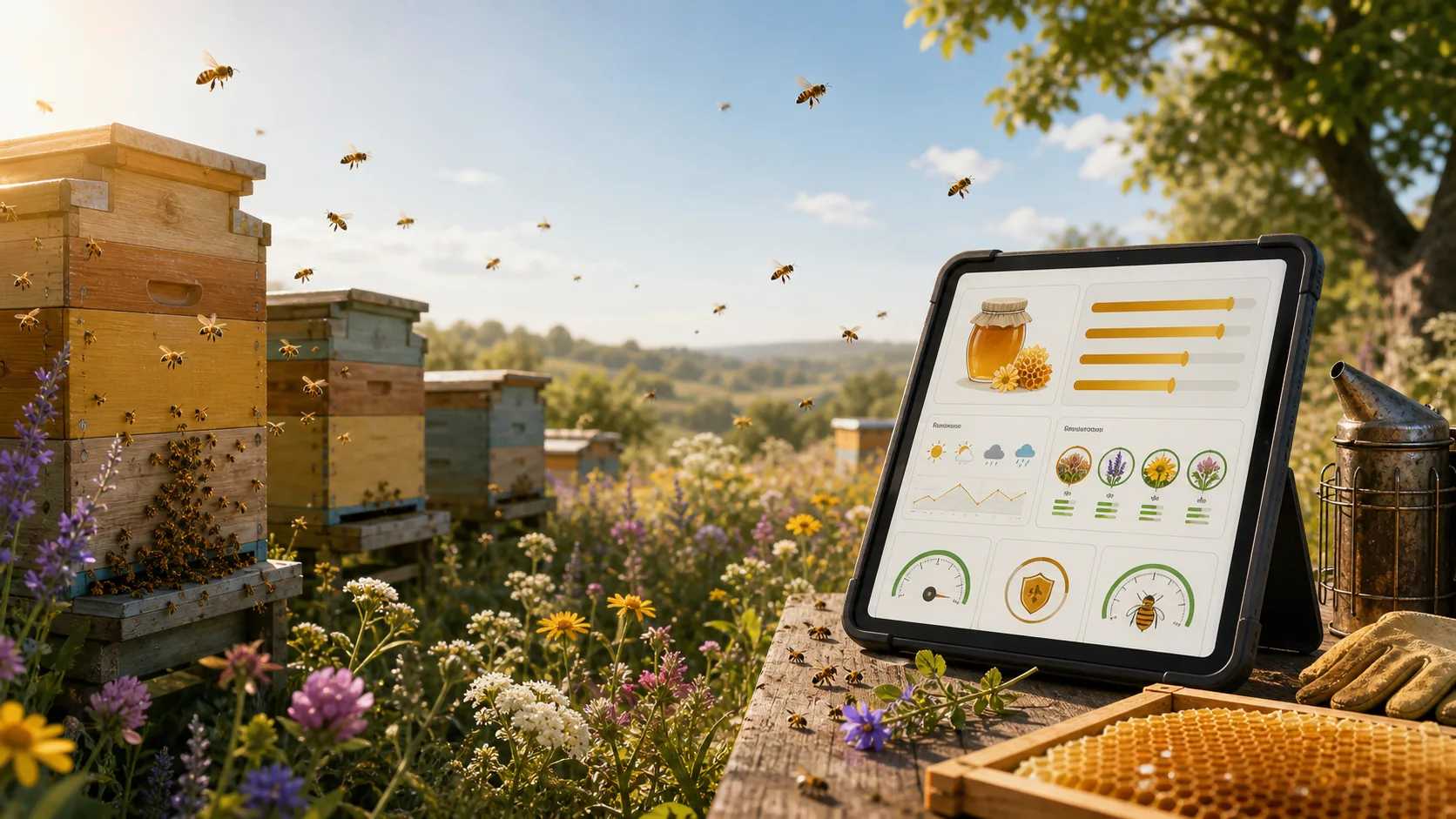 Bee Colony Simulator preview showing beehives, honey range cards, weather, nectar flowers, queen status, pest risk, and harvest timing
