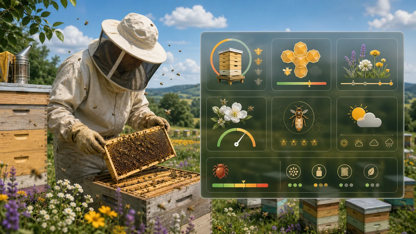 Bee Colony Simulator dashboard with beekeeper, hive frames, hive count, colony strength, bloom length, nectar richness, queen status, weather, and pest risk controls