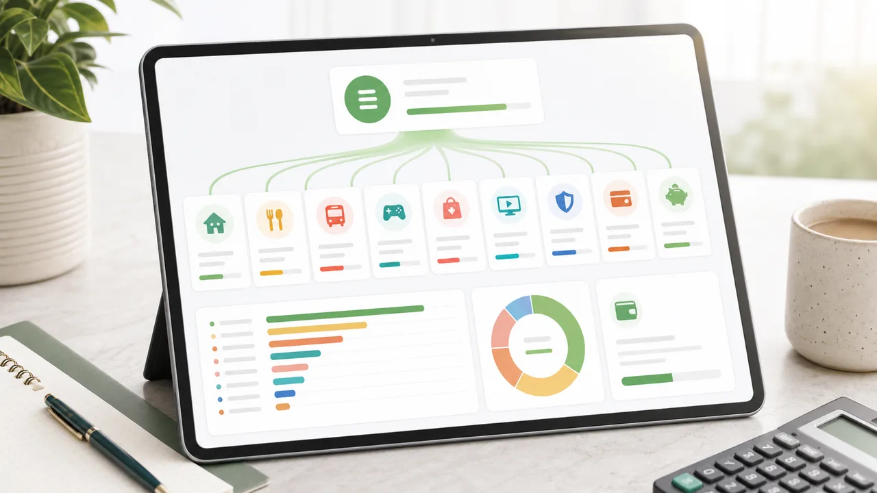 Budget Simulator expense breakdown dashboard with category bars and remaining cash indicator