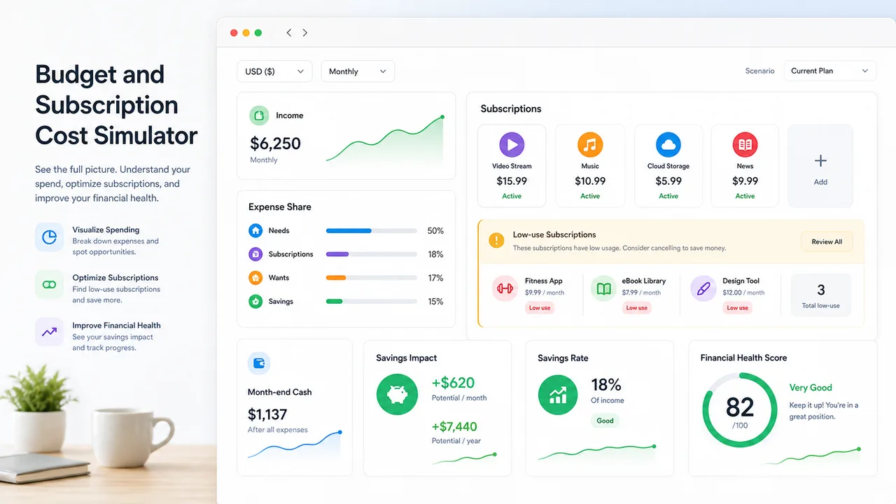 Budget and Subscription Cost Simulator scenario panel with monthly savings and long-term impact
