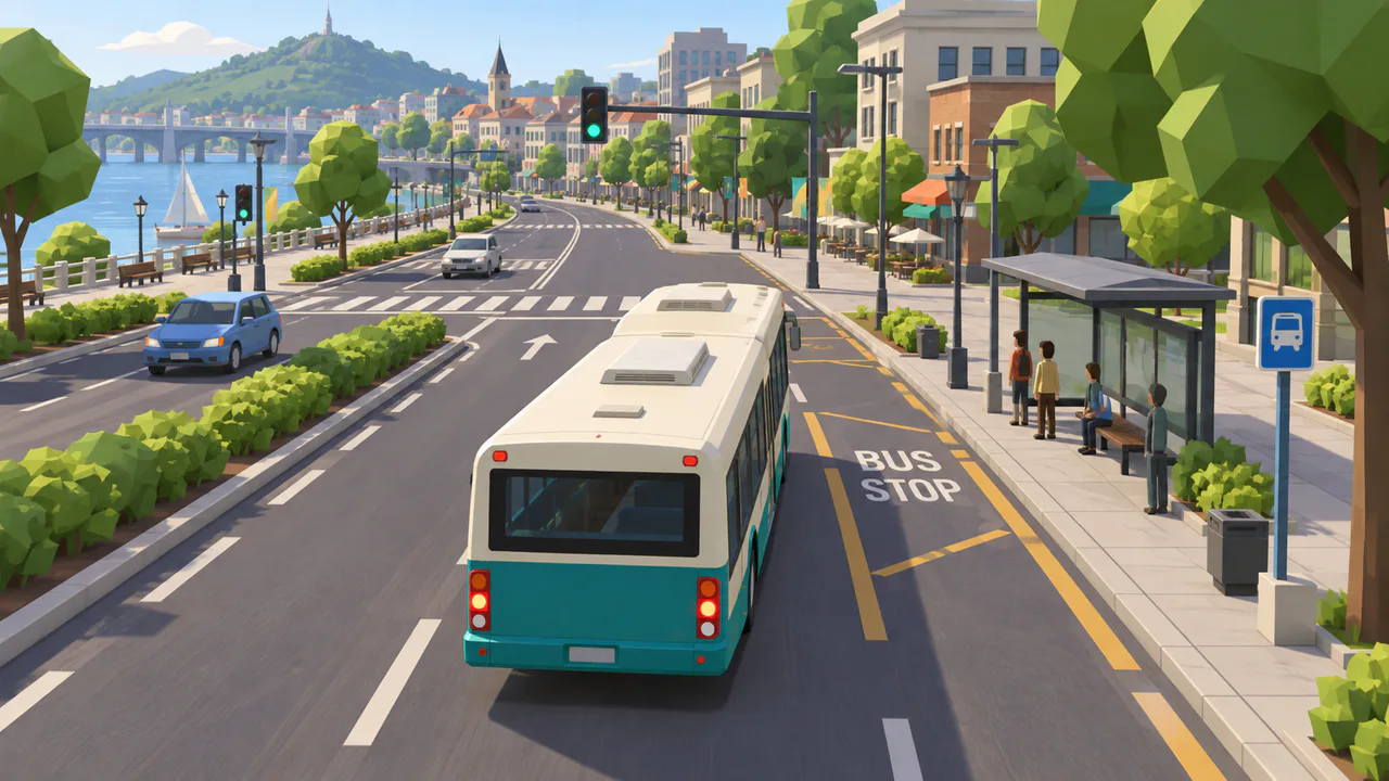 Bus Simulator preview with an unbranded city bus approaching a platform on a low-poly city route