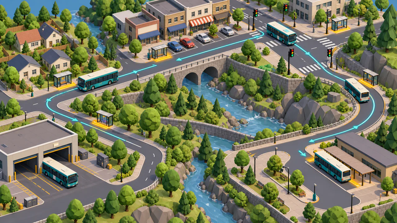 Bus Simulator low-poly overview of a compact fictional city route with six varied stops