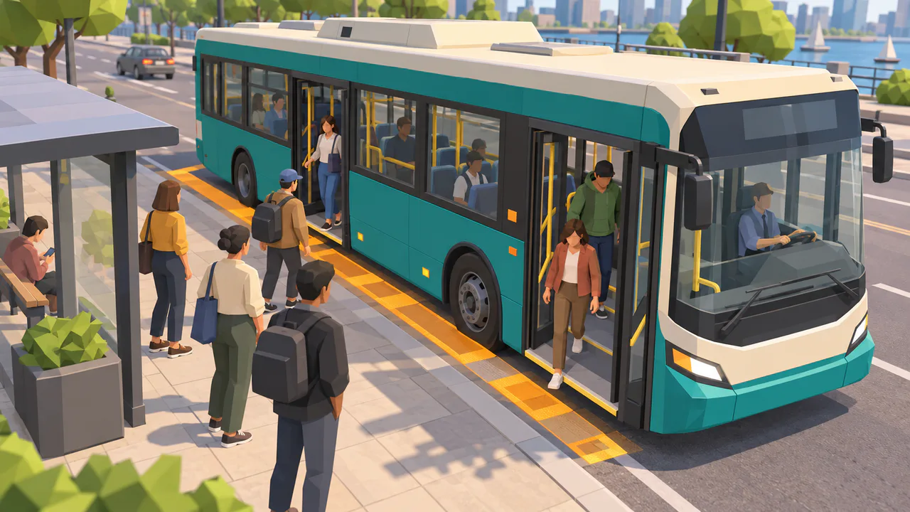 Bus Simulator bus aligned beside a platform while passengers leave and board in natural poses