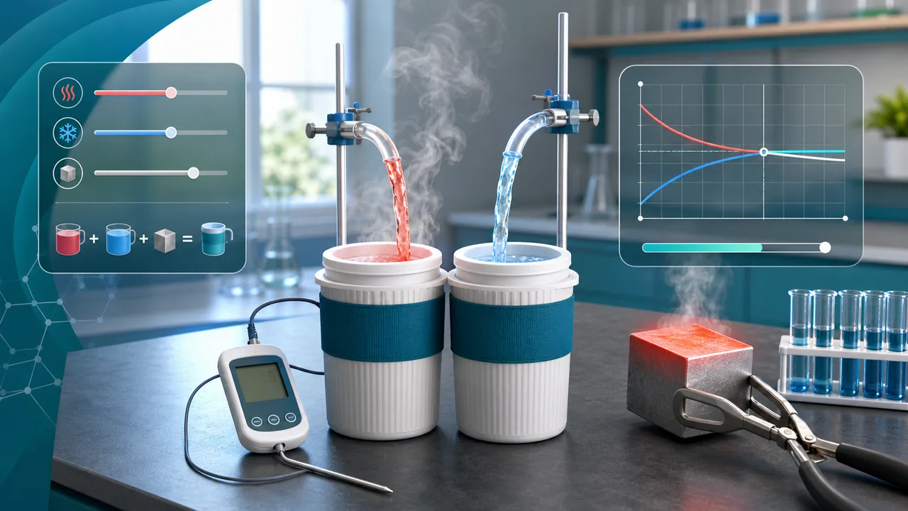 Calorimetry Simulator temperature graph and heat conservation calculation for unknown specific heat