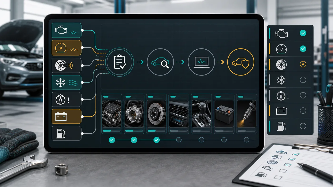 Car Mechanic Repair Simulator dashboard showing symptoms, likely faults, and recommended inspection order