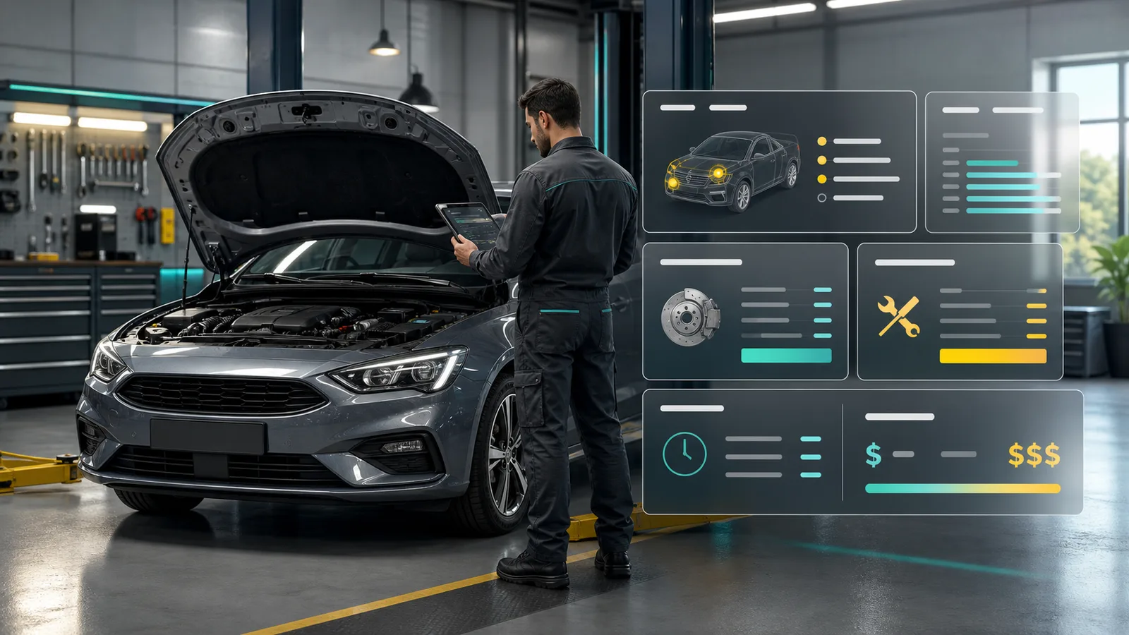 Car Mechanic Repair Simulator preview showing vehicle symptoms, inspection order, repair costs, quote range, and diagnostic score