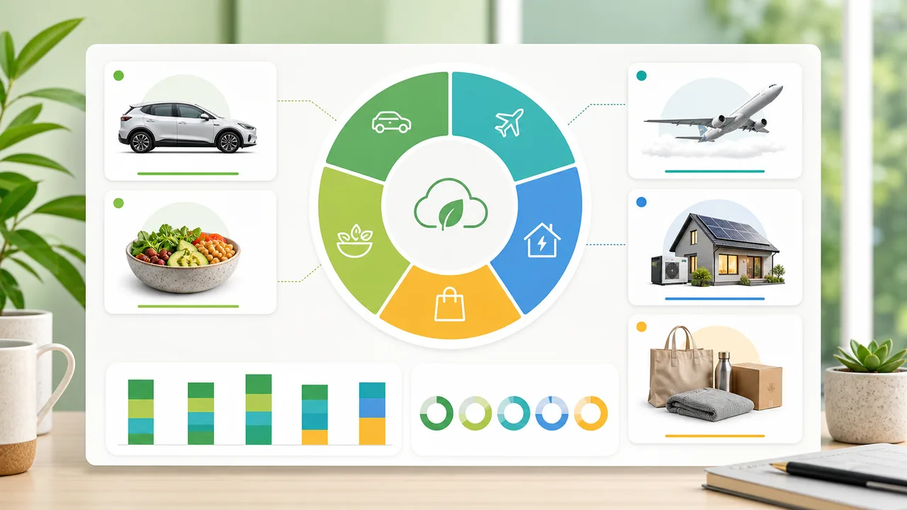 Carbon Footprint Simulator dashboard showing transport, flight, home energy, diet, and consumption shares