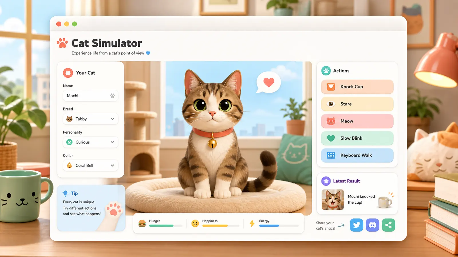 Cat Simulator preview showing a cute browser cat simulator interface and shareable result