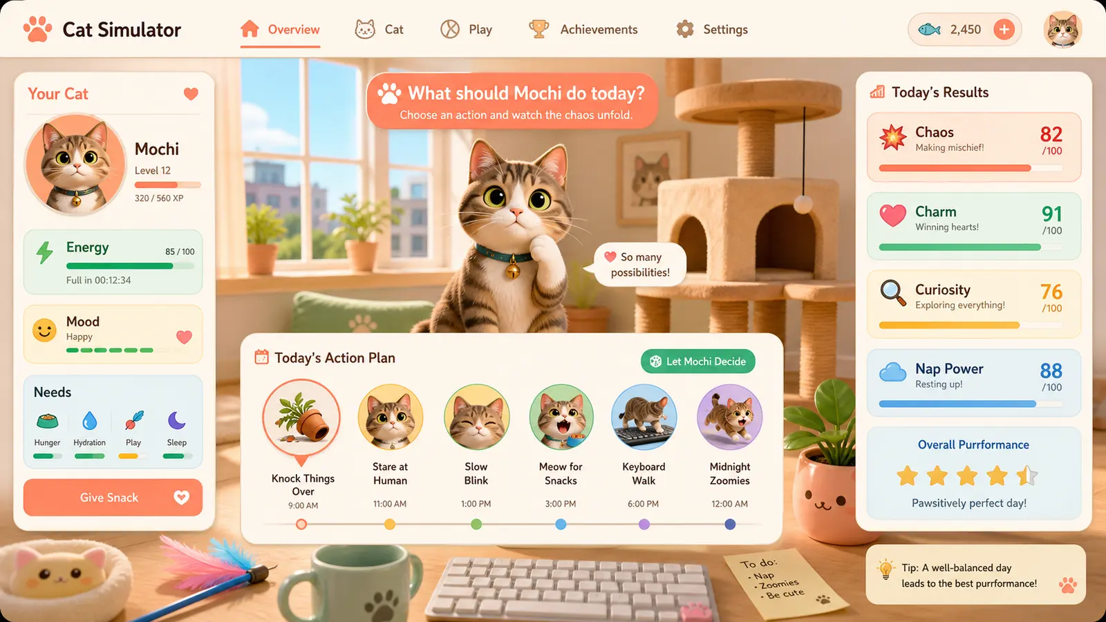 Cat Simulator overview with daily cat actions and cozy browser controls