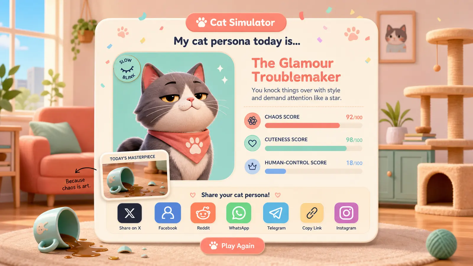 Cat Simulator share-ready result card with social sharing controls