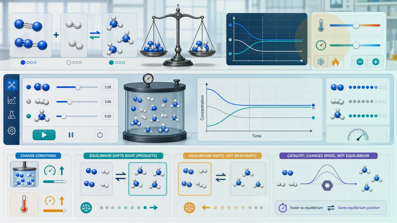 Chemical Equilibrium Simulator preview showing reversible reaction controls, concentration curves, equilibrium constant, reaction quotient, and shift explanation