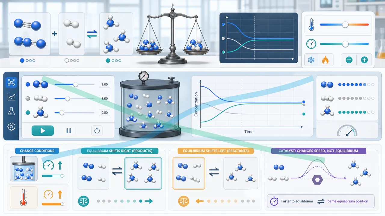 Chemical Equilibrium Simulator preview showing reversible reaction controls, concentration curves, equilibrium constant, reaction quotient, and shift explanation