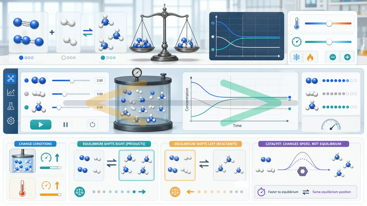 Chemical Equilibrium Simulator preview showing reversible reaction controls, concentration curves, equilibrium constant, reaction quotient, and shift explanation