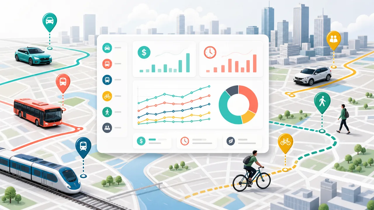 Commute Cost Simulator preview showing car, transit, bike, walk, and taxi cost and time comparisons