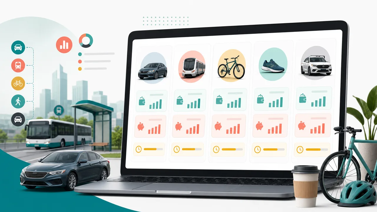 Commute Cost Simulator dashboard comparing monthly cost, yearly cost, and commute time across transportation modes