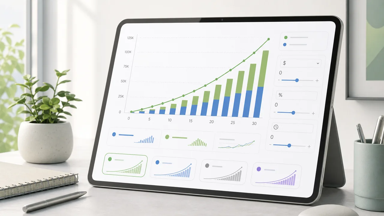 Compound Interest Simulator preview showing principal, contributions, investment earnings, total value, target time, and scenario comparisons