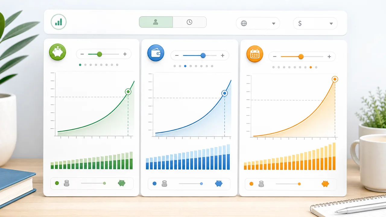 Compound Interest Simulator scenario cards comparing contribution amounts, years, and return rates