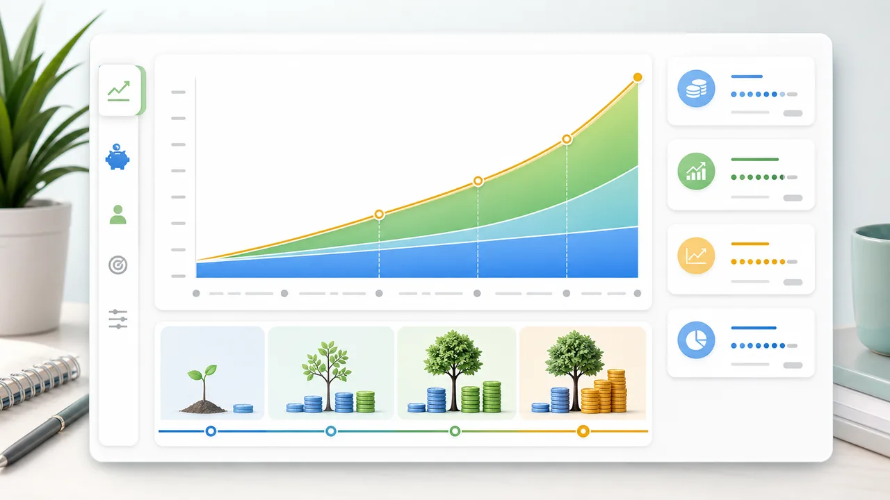 Compound Interest Simulator timeline chart showing principal, earnings, and total account value