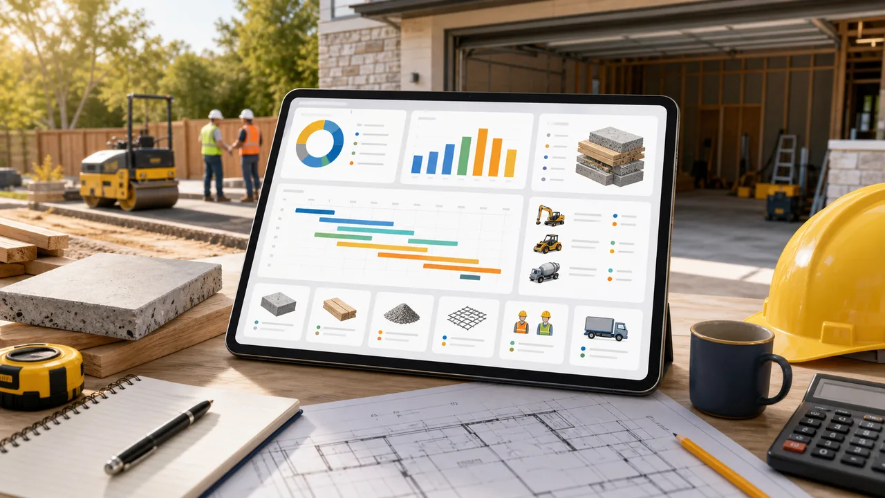 Construction Cost Simulator preview showing material, labor, equipment, schedule risk, and over-budget probability