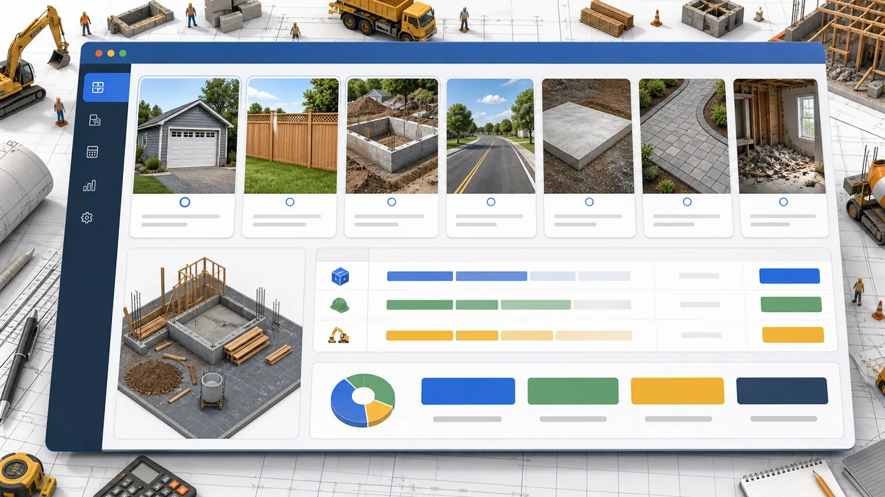 Construction Cost Simulator interface with project type tiles and cost breakdown bars