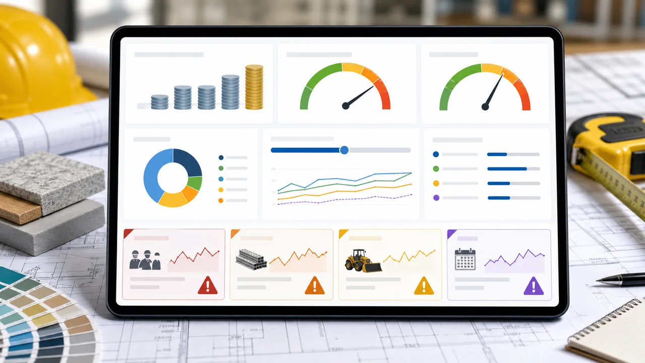 Construction Cost Simulator report with cost totals, risk gauges, contingency, and unstable cost warnings