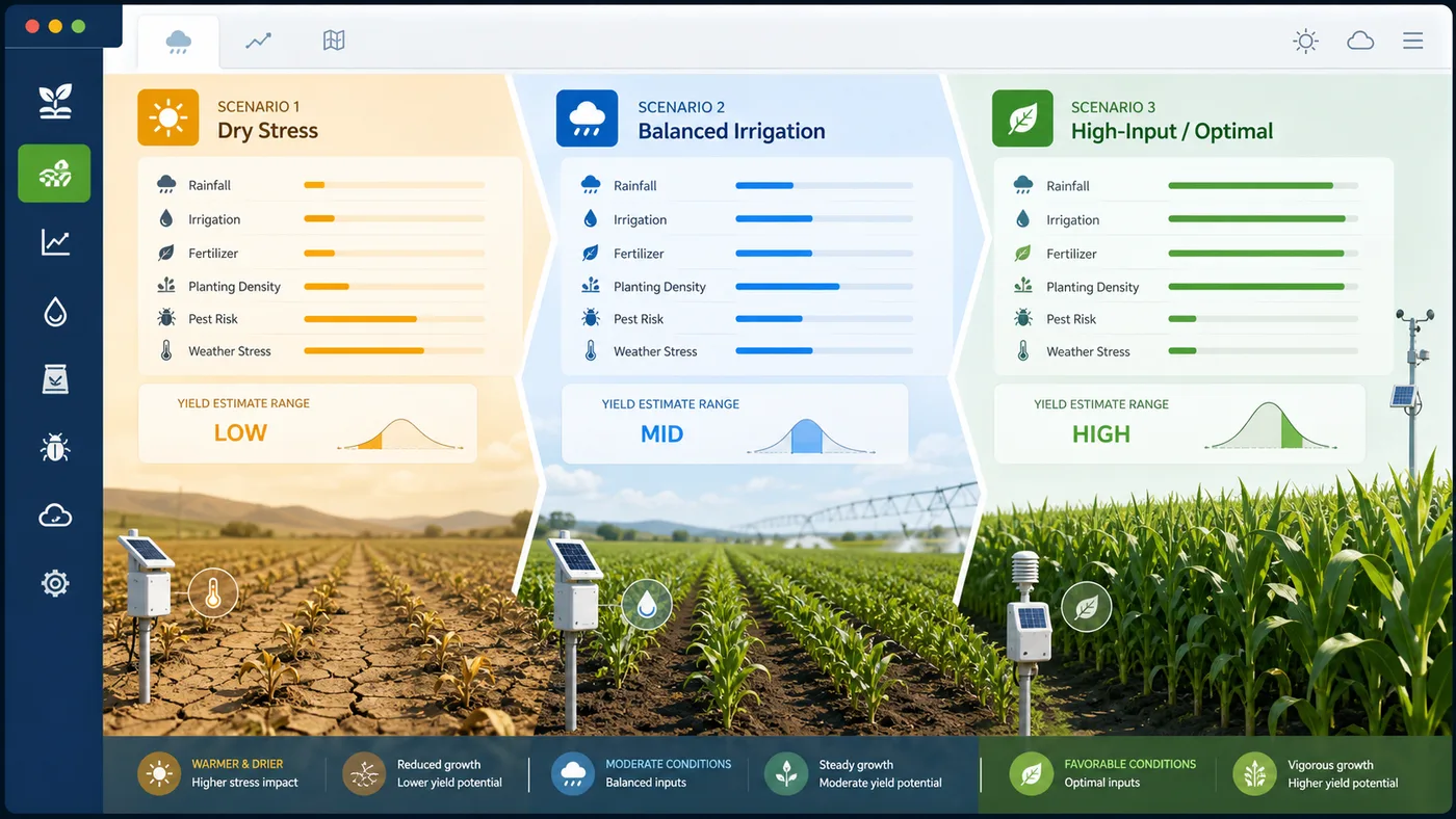 Crop Yield Simulator comparison image with dry stress, balanced irrigation, high-input field scenarios, and low medium high yield ranges