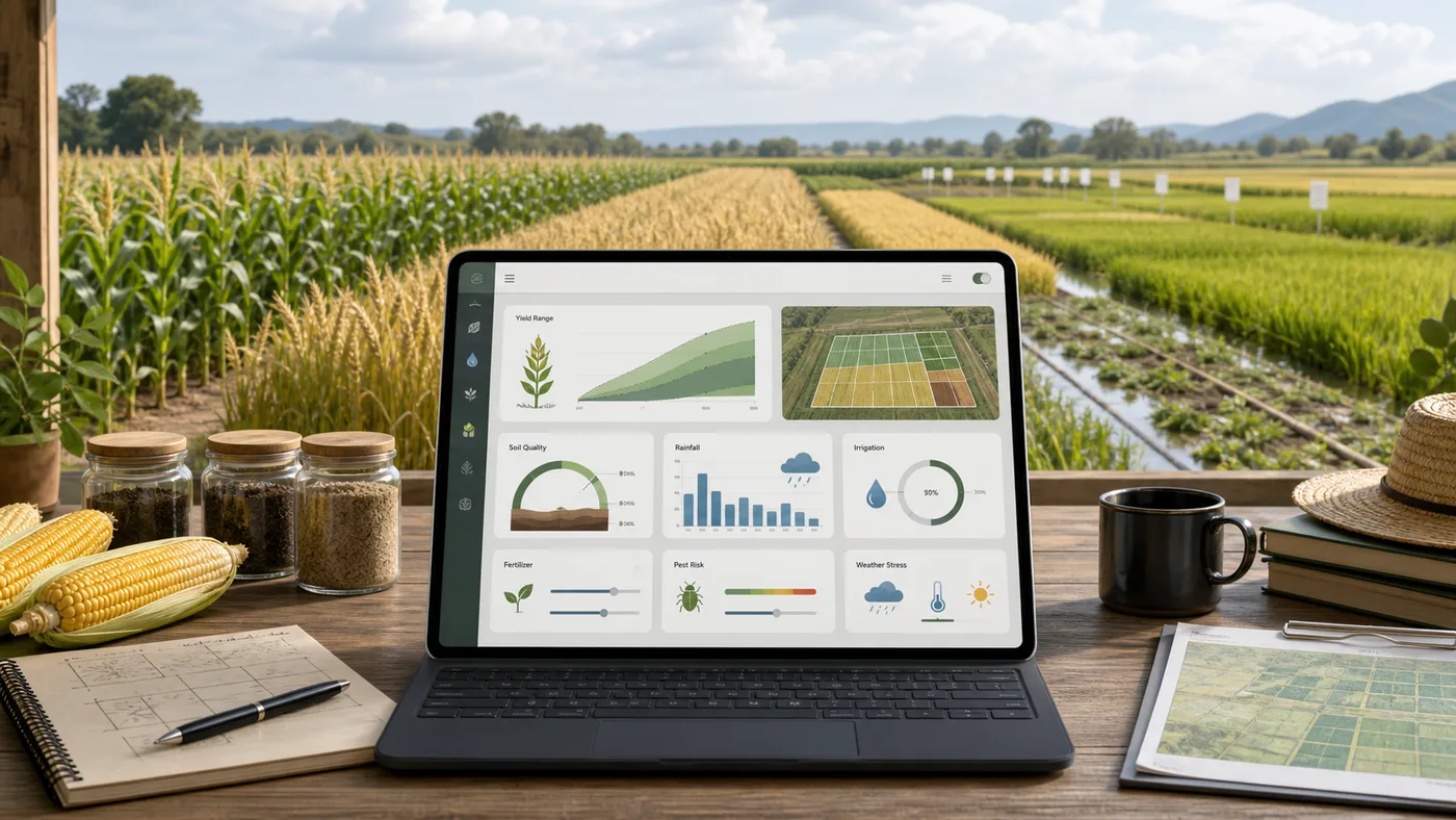 Crop Yield Simulator preview showing crop fields, yield range cards, soil, rainfall, irrigation, fertilizer, pest risk, weather stress, and total production