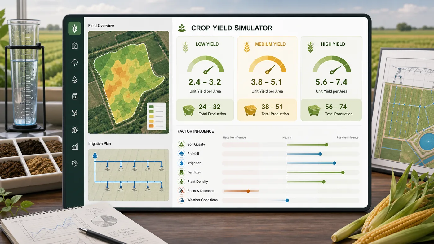 Crop Yield Simulator dashboard showing crop fields, yield range cards, rainfall, irrigation, fertilizer, pest risk, and weather stress controls