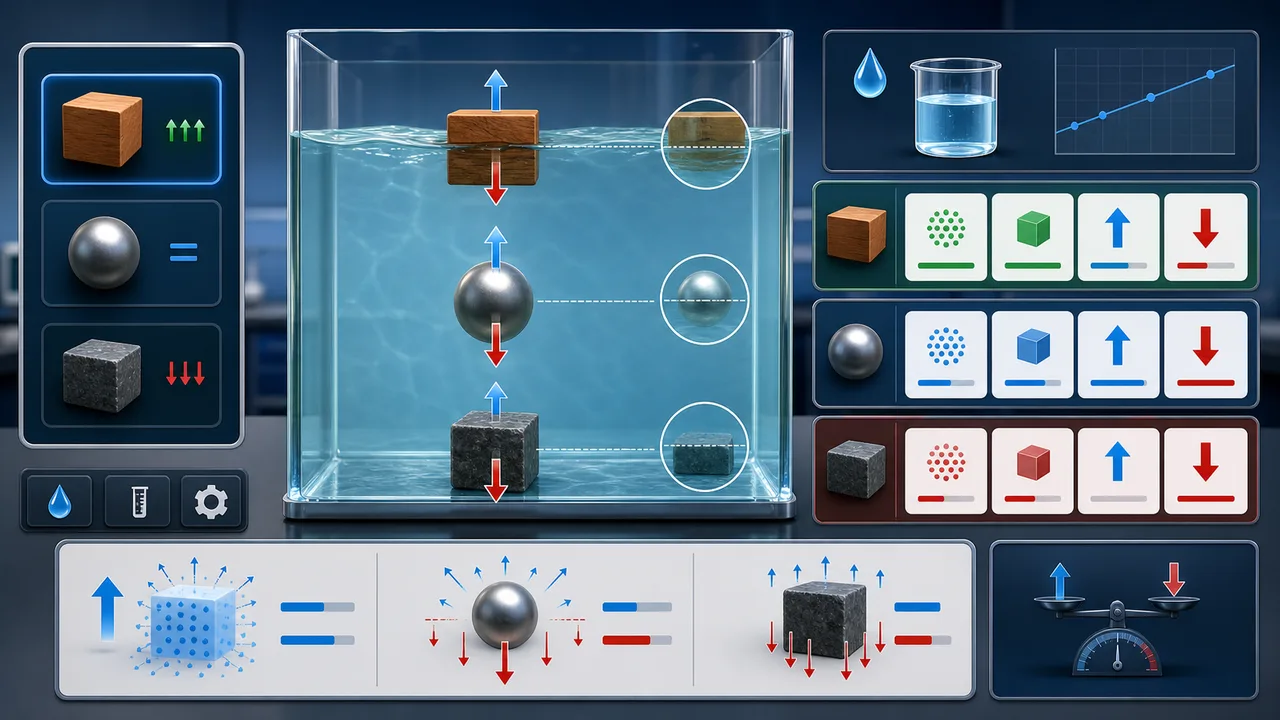 Density and Buoyancy Simulator tank with floating suspended and sinking objects, buoyant force arrows, gravity arrows, and result cards