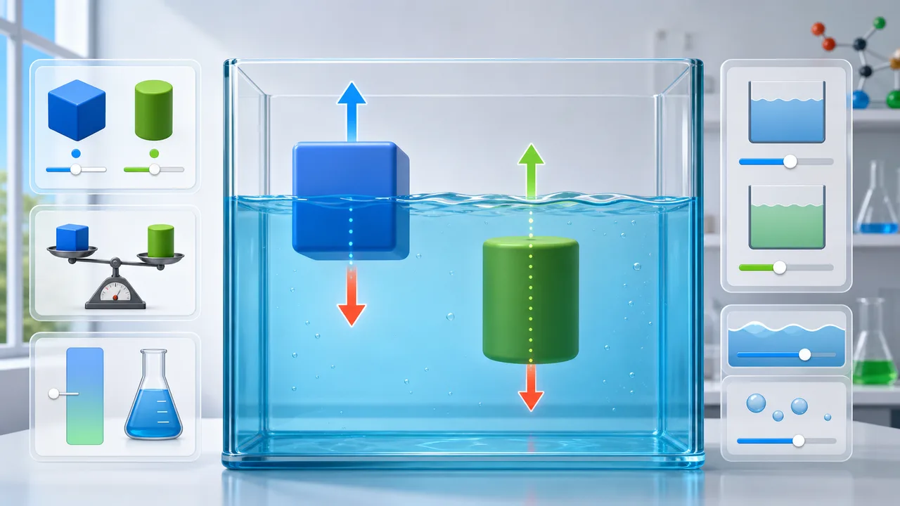 Density and Buoyancy Simulator preview showing objects floating and sinking in a liquid tank with force arrows and density controls